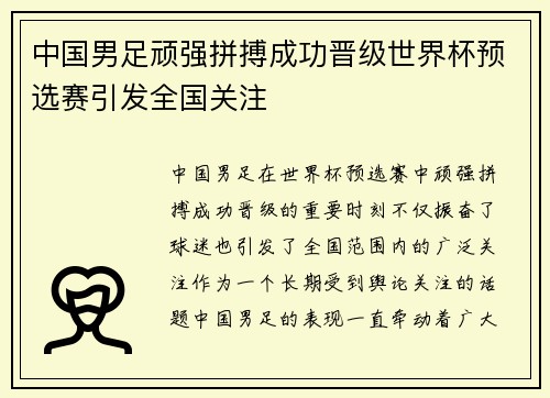 中国男足顽强拼搏成功晋级世界杯预选赛引发全国关注
